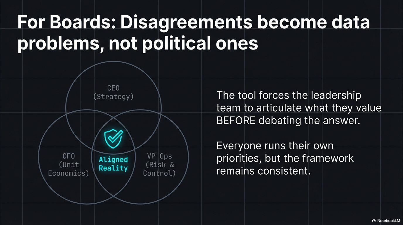 Shareable and Board-Ready — full state encoded in URL params, print-optimized layouts for PDFs